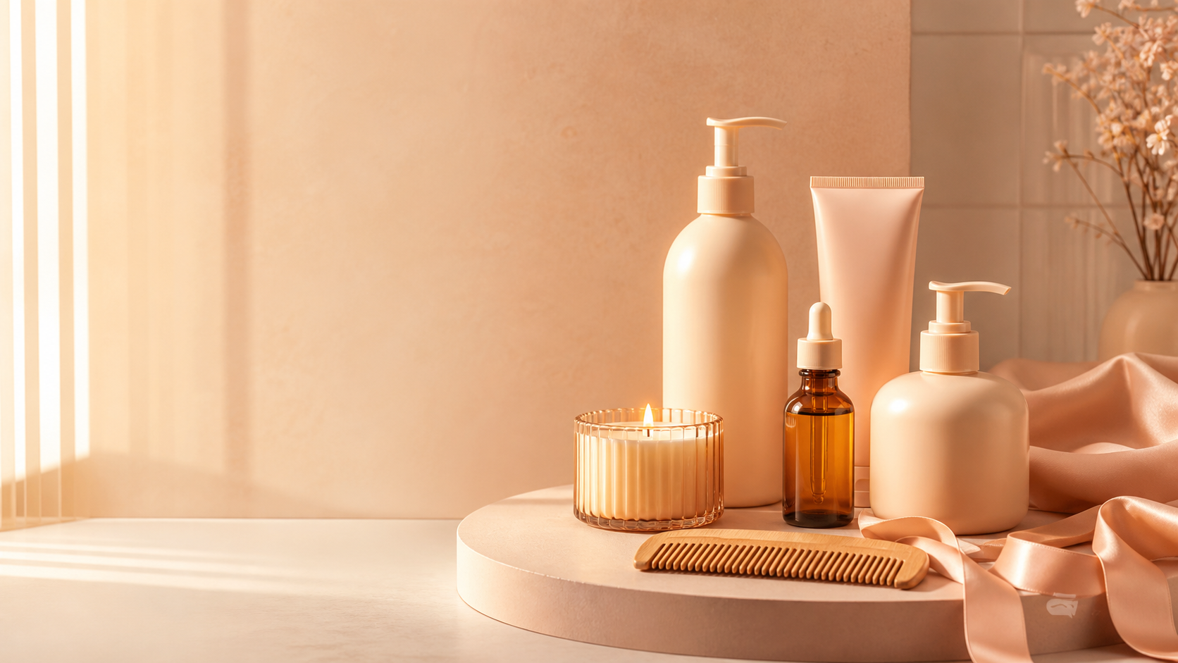 Hair and body care products with a candle and wooden comb