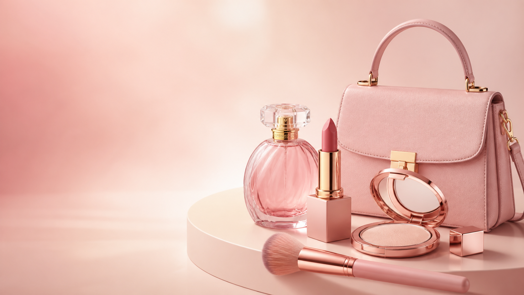 Pink perfume, lipstick, compact and handbag in a blush beauty setting